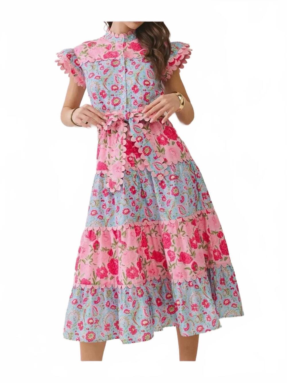 NEW TCEC painted garden scalloped belted dress in pink